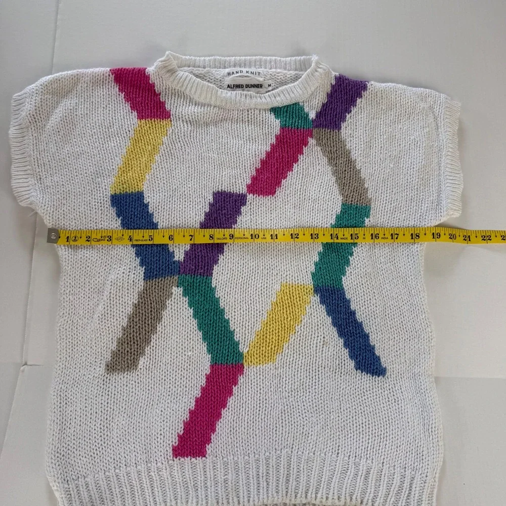 Alfred Dunner Vintage Hand Knit Sweater‎ Vest White Multi Geo Ramie Cotton M